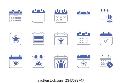 Calendar icon set. Duotone style line stroke and bold. Vector illustration. Containing planning, calendar, star, calendar check, calendar date, meeting, schedule.