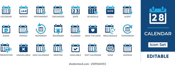 Calendar Icon Set. Features editable time management symbols. Includes icons for months, days, weeks, reminders, and more. Perfect for websites, and apps related to scheduling, planning, and events.