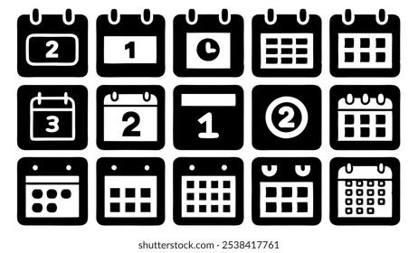 Calendar Icon Set. Features editable time management symbols. Includes icons for months, days, weeks, reminders, and more. Perfect for websites, and apps related to scheduling, planning, and events.