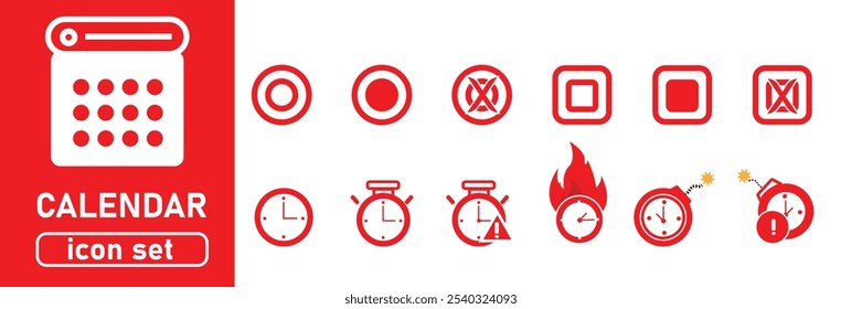 Calendar Icon Set. Features editable time management symbols. Includes icons for months, days, weeks, reminders, and more. Perfect for websites, and apps related to scheduling, planning, deadline.