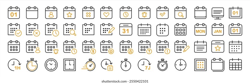 Calendar Icon Set. Features editable time management symbols. Includes icons for months, days, weeks, reminders, and more. Perfect for websites, and apps related to scheduling, planning, and events. V