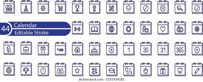 Calendar Icon Set. Features editable time management symbols. Includes icons for months, days, weeks, reminders, and more. Perfect for websites, and apps related to scheduling, planning, and events.