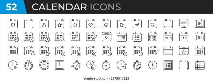 Calendar Icon Set. Features editable time management symbols. Includes icons for months, days, weeks, reminders, and more. Perfect for websites, and apps related to scheduling, planning. Vector 10 eps