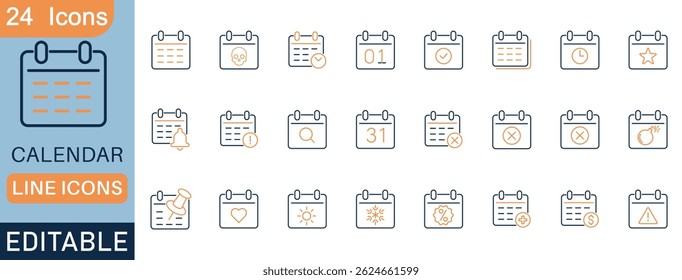 Calendar icon set. featuring date, schedule, month, week, reminder, appointment, agenda, event, and task management icons. Perfect for planners, scheduling apps, and digital organizers.