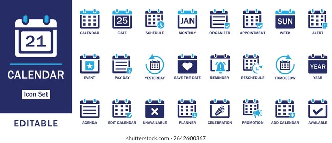 Calendar Icon Set. Featuring editable flat vector icons for schedule, date, planner, appointment, reminder, event, and agenda. Perfect for apps, and web interface.