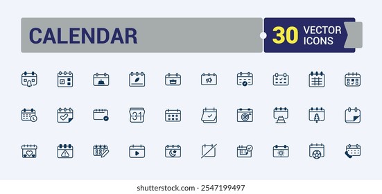 Calendar icon set. Featuring simple, vector, week, reminder, calendar, website and more. Simple line vector. Vector outline and solid icons collection.