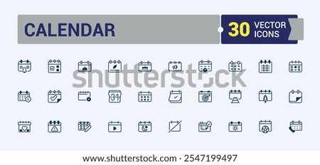 Calendar icon set. Featuring simple, vector, week, reminder, calendar, website and more. Simple line vector. Vector outline and solid icons collection.