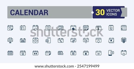 Calendar icon set. Featuring simple, vector, week, reminder, calendar, website and more. Simple line vector. Vector outline and solid icons collection.