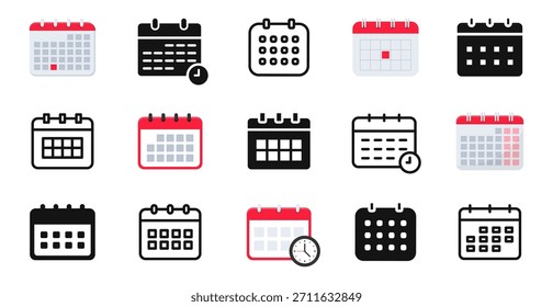 Conjunto de iconos de calendario. Calendario plano, glifo e iconos de línea. Símbolo de programación. Fecha de recordatorio. Ilustración vectorial.