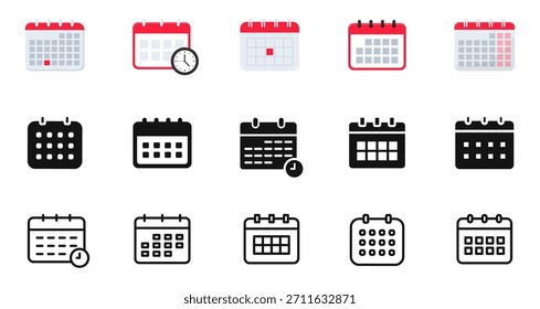 Conjunto de iconos de calendario. Calendario plano, glifo e iconos de línea. Símbolo de programación. Fecha de recordatorio. Ilustración vectorial.