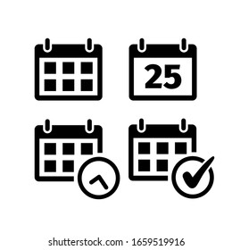 Calendar icon set in flat style on white. Date and number symbol. Calendar abstract icon with clock . Event schedule sign. Calendar with checkmark Date and check. Vector symbols for web, logo, app, UI