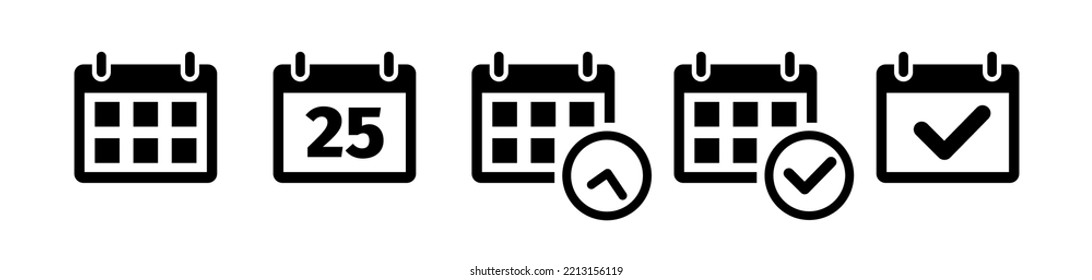 Calendar icon set in flat style isolated on white background. Date and check symbol in black for your web site design, app, UI. Simple calendar abstract icon. Vector illustration.