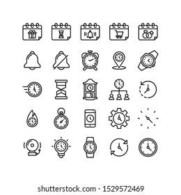 Calendar icon set : gift box, hourglass, bell, cart, marriage date, bell, silent, alarm, pin, wristwatch, fast time, time management, clockwise, deadline, stopwatch, smartphone, gear, idea and more