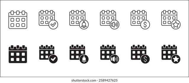 Calendar icon set. Icons set contains symbol of schedule, agenda, time, event alert, appointment, timer, payday. Vector icons in thin line and solid design.