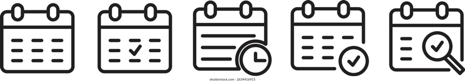 Calendar icon set including outline and filled versions, featuring various calendar styles, date markers, event symbols, schedule icons, reminders, planner designs, and digital calendar UI elements