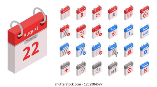 Calendar icon set. Isometric set of calendar vector icons for web design isolated on white background