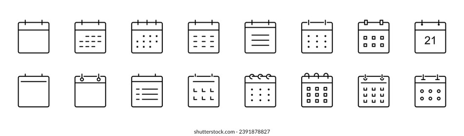 Calendar icon set. Calendar line icon. Planner symbol. Outline calendar icon set. Editable stroke. Vector illustration.