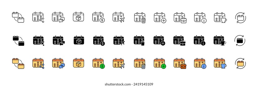 Calendar icon set. Linear, silhouette and flat style. Vector icons