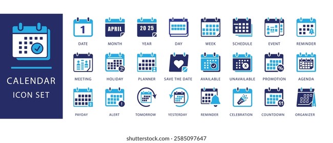 calendar icon set, modern icons in blue and dark tones. Includes date, month, year, schedule, meeting, planner, reminder, event, holiday, alert, payday, available, unavailable,marketplaces.
