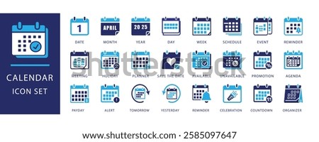 calendar icon set, modern icons in blue and dark tones. Includes date, month, year, schedule, meeting, planner, reminder, event, holiday, alert, payday, available, unavailable,marketplaces.
