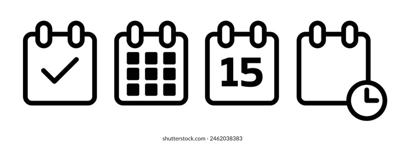 calendar icon set. month and half month schedule calendar vector symbol. day planner web sign. deadline date sign. appointment check pictogram. 
week, year, or annual calendar symbol.