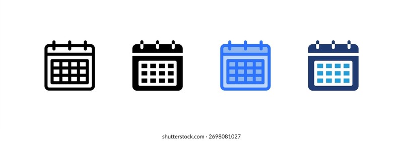 Calendar icon set multiple style collection. Vector illustration.