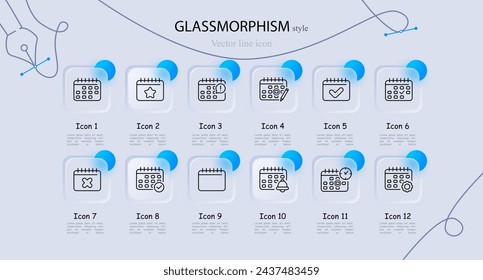 Calendar icon set. Organizer, checkmark, cross, important date, bell, clock, gear, asterisk. Glassmorphism style. Vector line icon for business and advertising