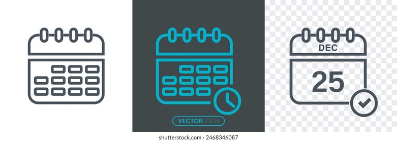 Conjunto de iconos de calendario. Estilo de contorno y trazo.Conjunto de símbolos de calendario.Número de calendario 25 ilustración de iconos aislada para gráfico y Diseño web.Ilustración vectorial.