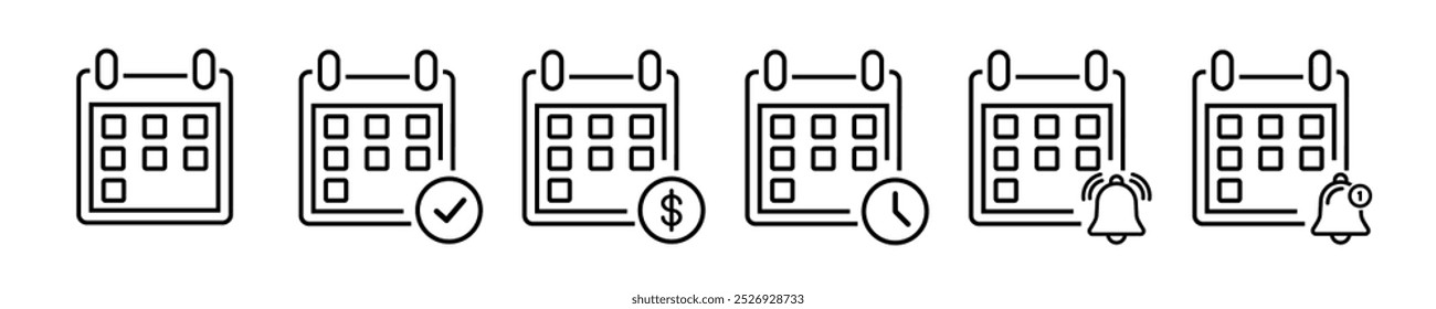 Calendar icon set. Calendar planner sign. Reminder date, plan event, time appointment icons collection. Vector illustration.
