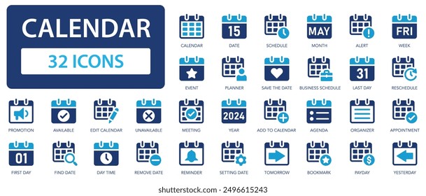 Calendar icon set. Planning your tasks and time symbol collection. Date, planner, schedule, month, agenda, organization, organizer.