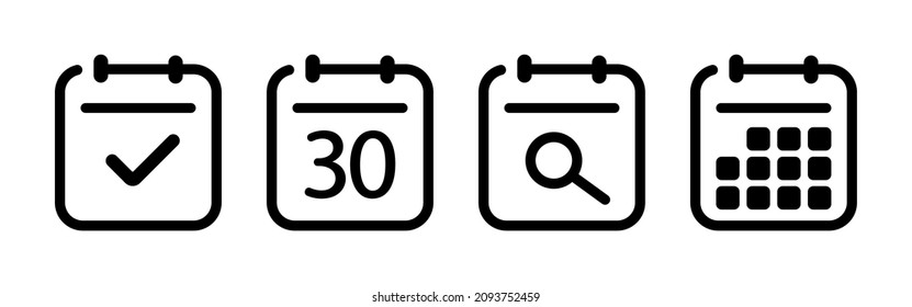 Conjunto de iconos de calendario. Programar una reunión. Signo del planificador. Día límite. Símbolo de calendario para el diseño de su sitio web, logotipo, aplicación, interfaz de usuario. Icono de línea de vector para negocios y publicidad.