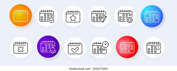 Calendar icon set. Schedule, schedule note, number sheet, time, new year, draft journal, weekly, diary, note. Holiday concept. Neomorphism style. Vector line icon for Business