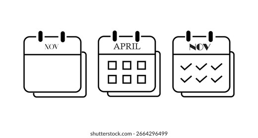Calendar icon set. Schedule icon symbol. Containing date, schedule, month, week, appointment, agenda, organization and event icons.