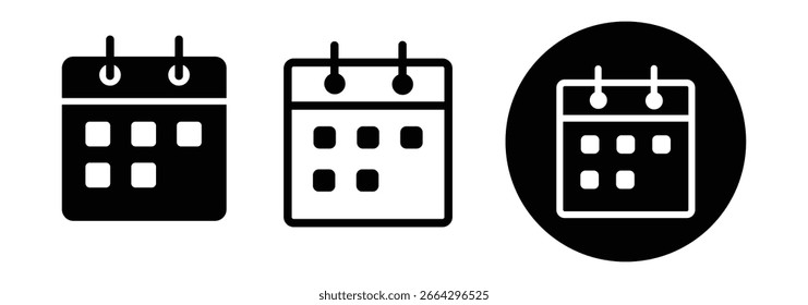 Calendar icon set. Schedule icon symbol. Containing date, schedule, month, week, appointment, agenda, organization and event icons.