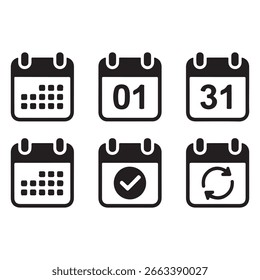 Calendar Icon Set for Scheduling and Planning Dates and Events Black and White Vector Illustration