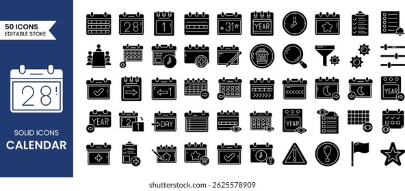 Calendar icon set in solid style. Containing date, schedule, month, week, appointment, meeting, reminder, event and more. Vector illustration