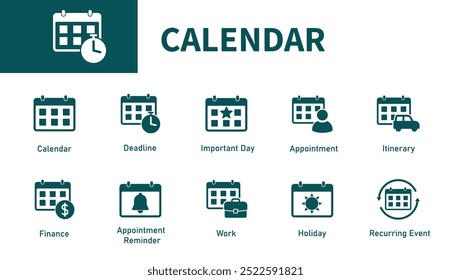 Calendar icon. Set of solid vector icons on the theme of time management, deadlines, schedules, appointments, dates.