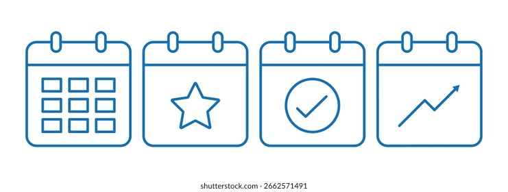 Conjunto de iconos de calendario. Conjunto de iconos de calendario con estrella, marca de verificación y gráfico. Iconos de programación de arte de línea en color azul. Iconos de calendario simples para el diseño de UI UX. Ilustrador de Vector 