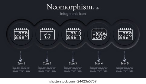 Conjunto de iconos de calendario. Estrella, día importante, contorno, lápiz, marca de verificación. Estilo de neumorfismo. Icono de línea vectorial para negocios y publicidad