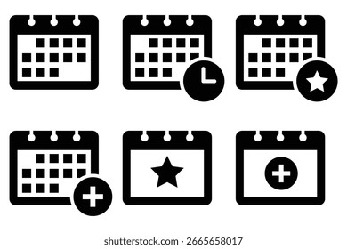 Conjunto de iconos de calendario. Símbolo de calendario. Iconos de calendario y planificador . Símbolos de tiempo, estrella, fecha de adición y evento en estilo plano.
