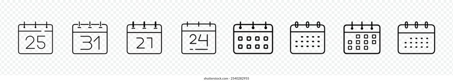 Calendar icon set. Calendar symbol. calendar vector icon, Calendars icon set. Line and glyph calendar set. Calendars flat icon set. Deadline, calendars notification, reminder organizer.