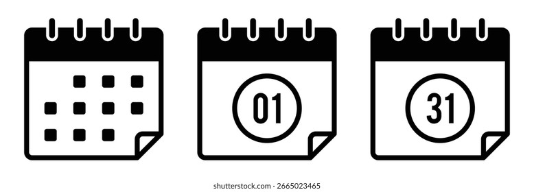 Conjunto de iconos de calendario. Colección de iconos vectoriales de símbolos de calendario. Icono del calendario, diseño simple del arte de la línea del calendario, perfecto para los logotipos y los iconos