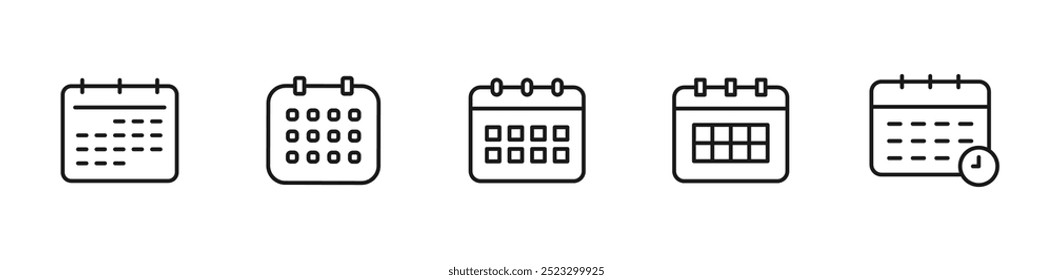 Calendar icon set. Time icons. Schedule symbols. Reminder date. Editable stroke. Vector illustration.