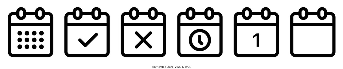 Calendar icon set with time management, reminder organizer, event signs, appointment schedule, flat icons, and calendar symbols, perfect for UI and planning designs. Vector illustration.