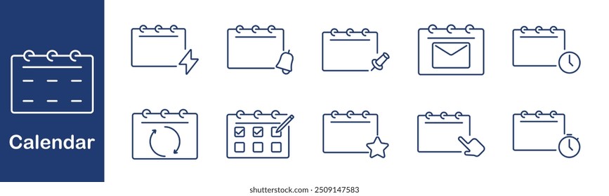 Ícone de calendário definido com vários símbolos de evento e tarefa. Programação, lembretes, notificações, gerenciamento de tempo, organização e planejamento