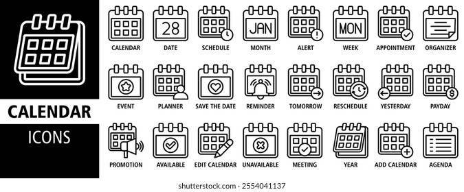 Calendar icon set vector concept illustration. Containing icon of date, schedule, month, week, appointment, agenda, organization and event icons. Outline icon symbol background collection