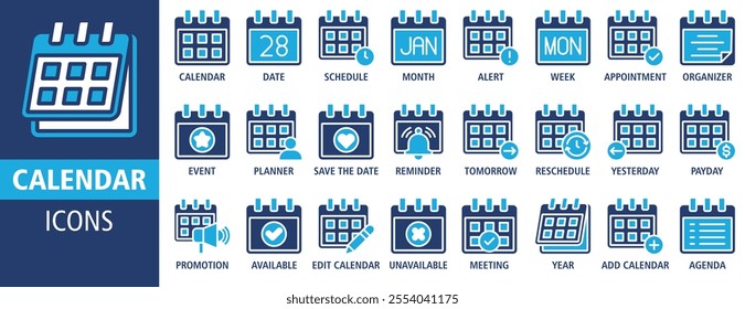 Calendar icon set vector concept illustration. Containing icon of date, schedule, month, week, appointment, agenda, organization and event icons. Solid icon symbol background collection