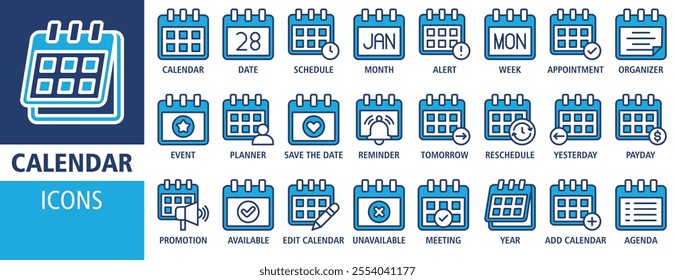 Calendar icon set vector concept illustration. Containing icon of date, schedule, month, week, appointment, agenda, organization and event icons. Outline icon symbol background collection