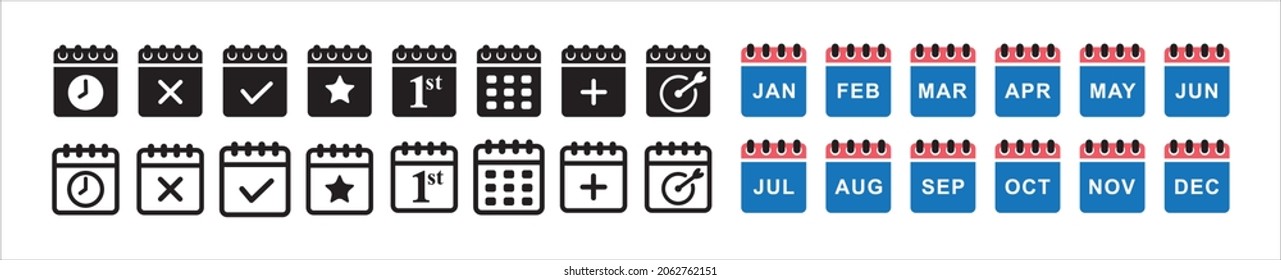 Calendar icon set. Calendar vector icons template. Contains symbol such as add event, month name, cross, check mark, notification, speaker, meeting day, favorite day and valentine day.