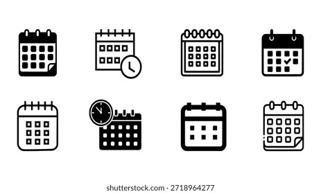 Conjunto de iconos de calendario en estilo de silueta de Vector que muestra los símbolos de programación, planificación y administración del tiempo para las Plantillas de diseño de EPS.